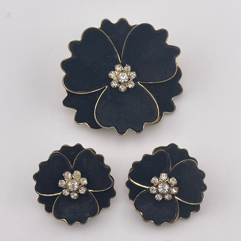 Signed Germany Velvet / Suede Rhinestone Brooch Earring Jewelry Set Flower